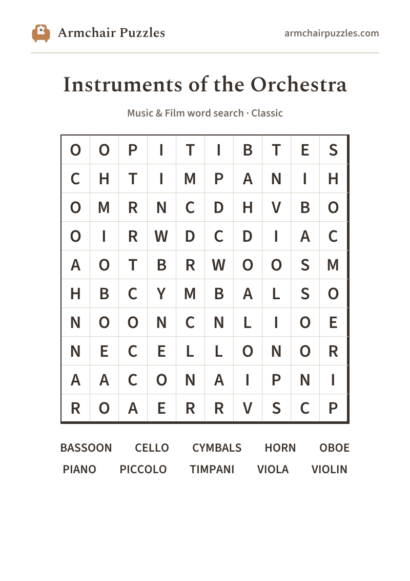 The printable Instruments of the Orchestra word search sheet in large print