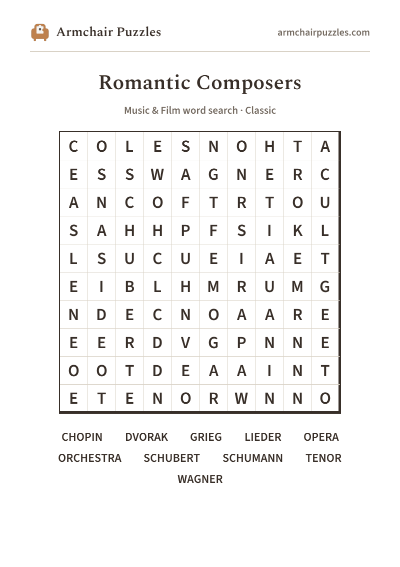 The printable Romantic Composers word search sheet