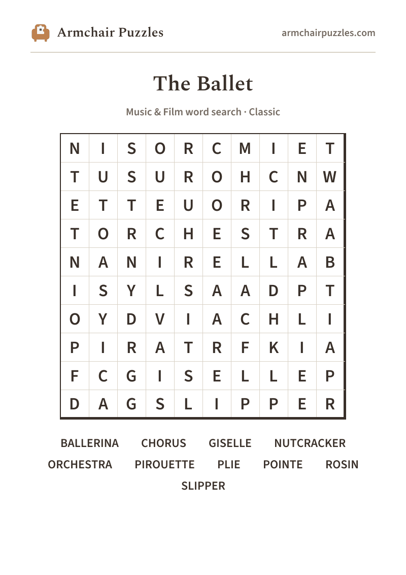 The printable The Ballet word search sheet