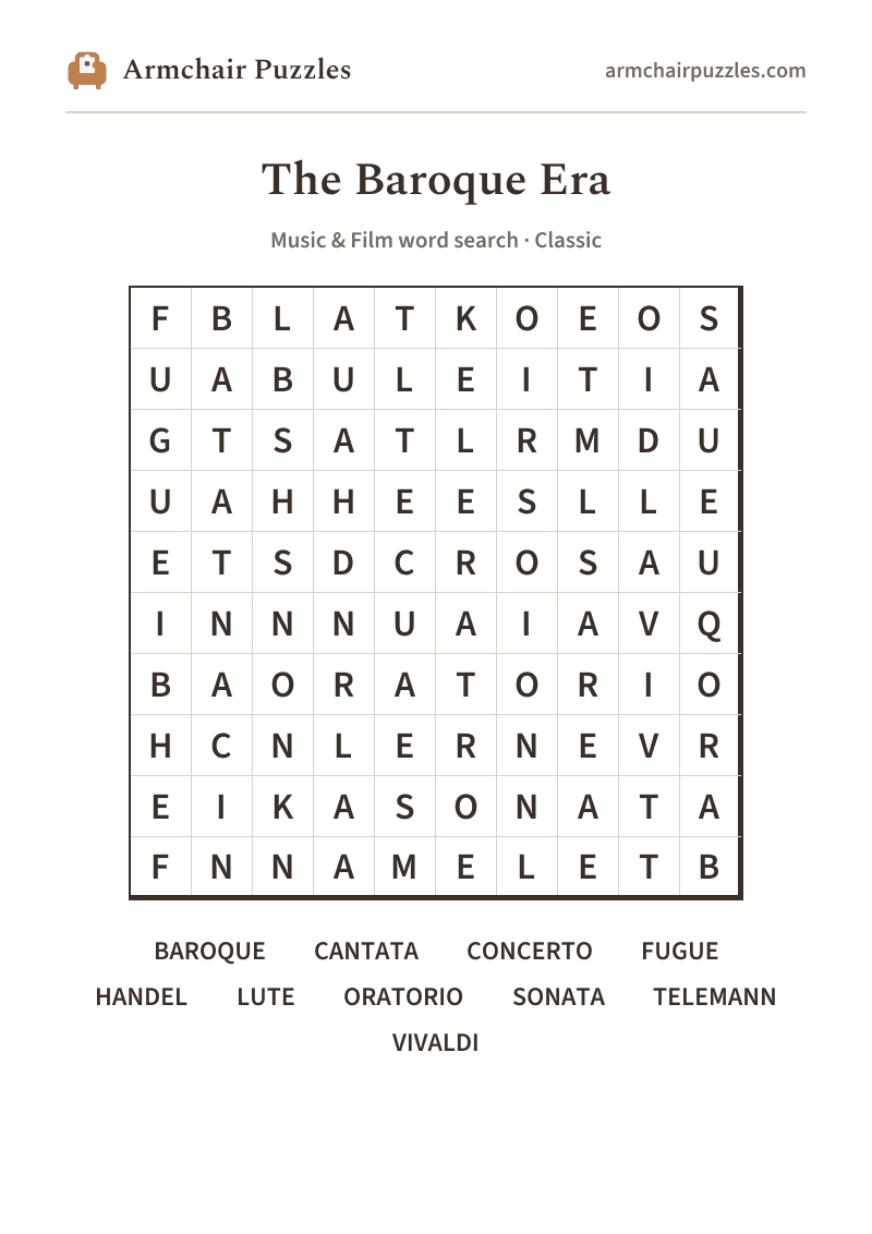 The printable The Baroque Era word search sheet