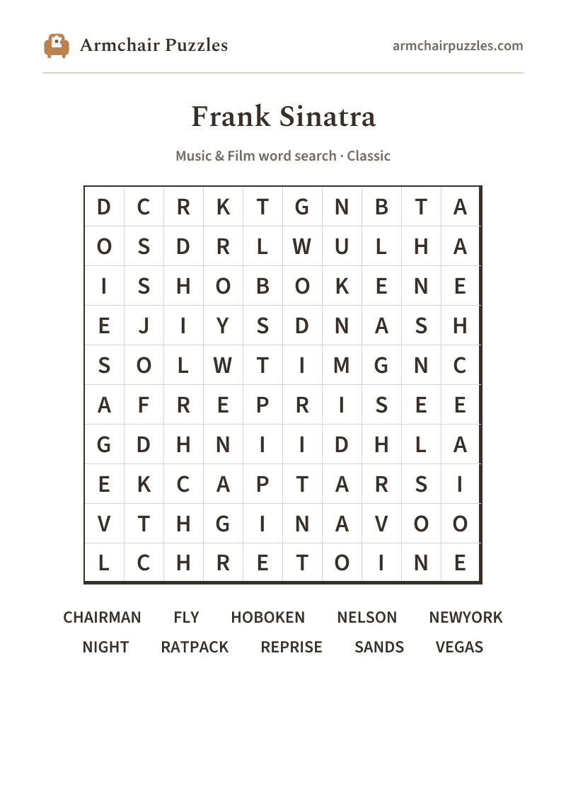 The printable Frank Sinatra word search sheet: large-print Classic grid with its word list