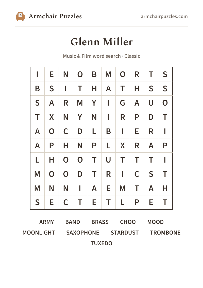 The printable Glenn Miller word search sheet: large-print Classic grid with its word list