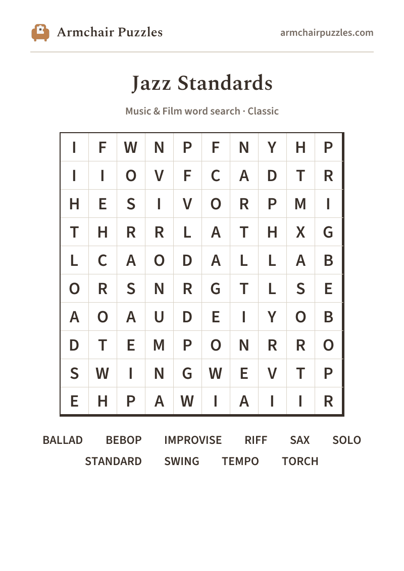 The printable Jazz Standards word search sheet