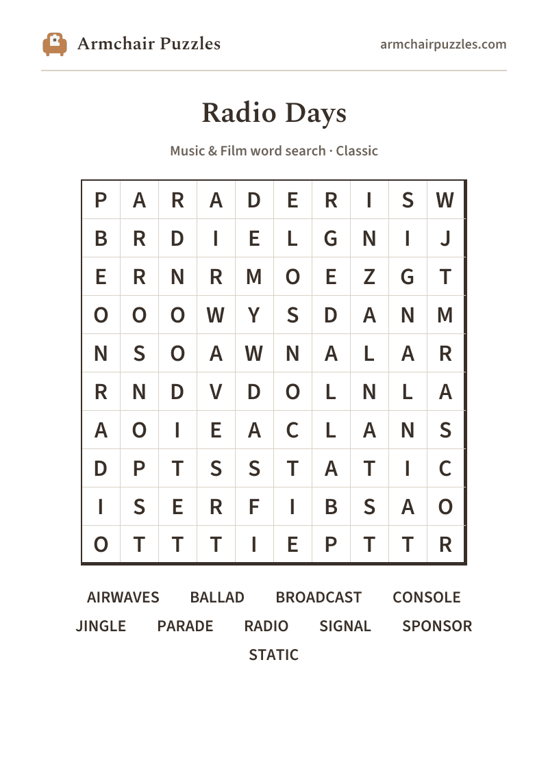 The printable Radio Days word search sheet