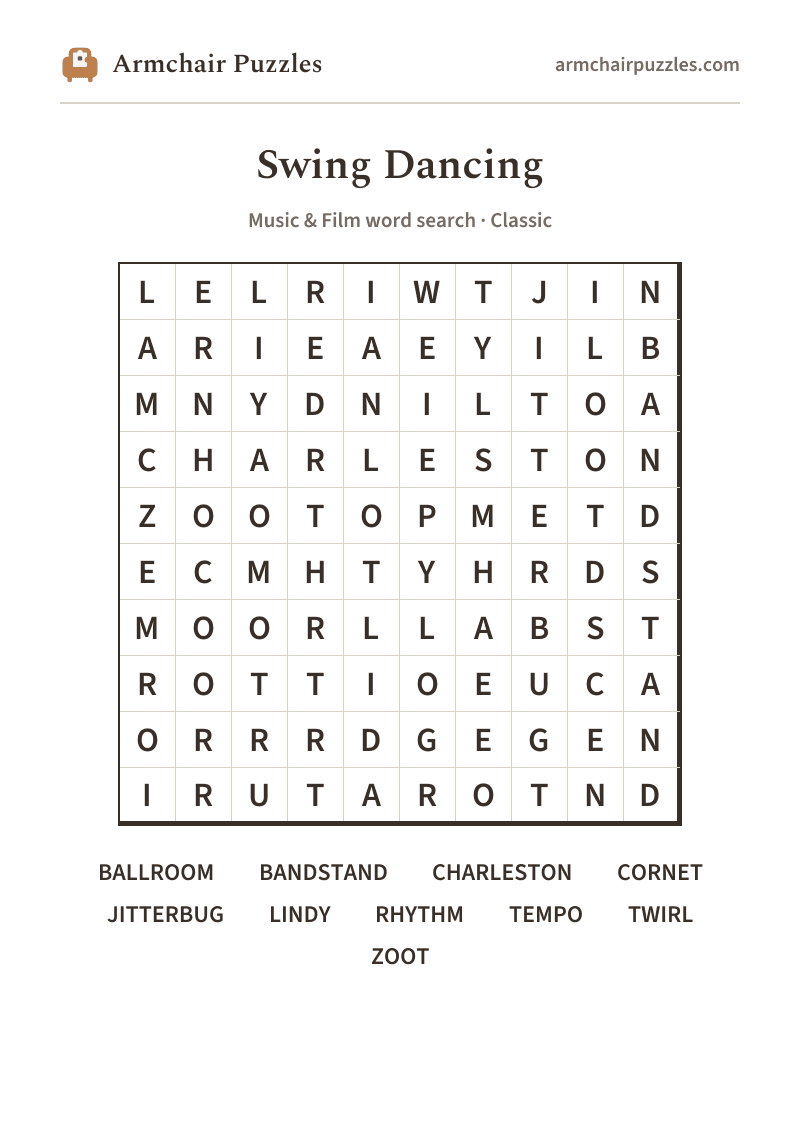 The printable Swing Dancing word search sheet: large-print Classic grid with its word list