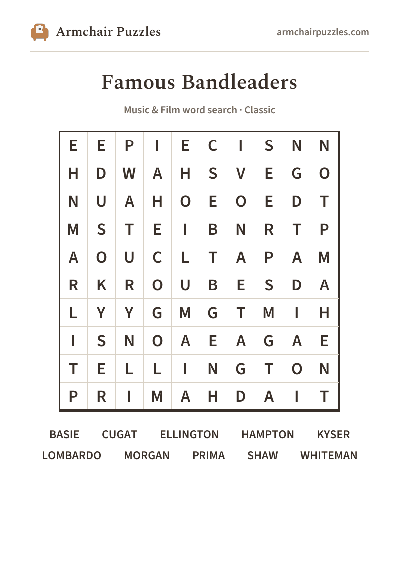 The printable Famous Bandleaders word search sheet