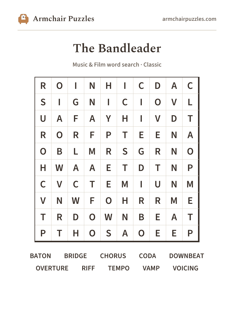The printable The Bandleader word search sheet