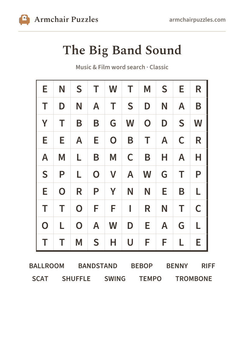 The printable The Big Band Sound word search sheet