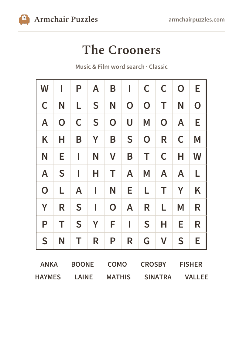 The printable The Crooners word search sheet in large print