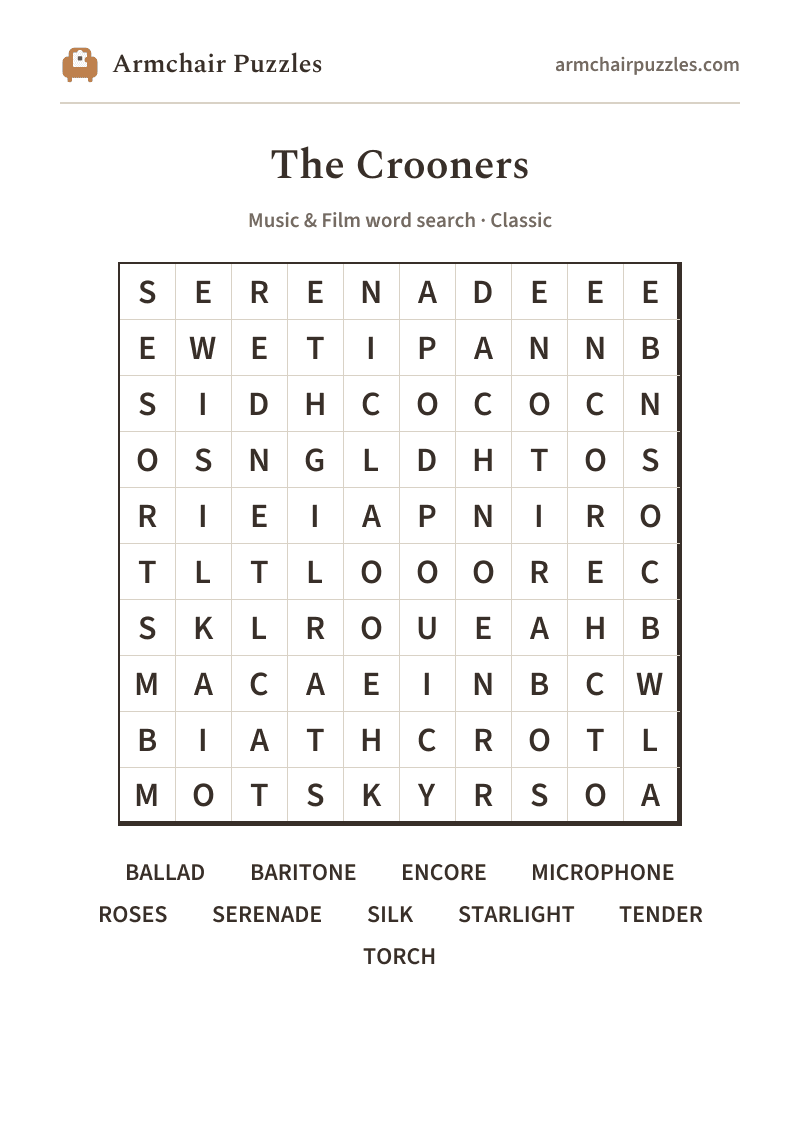 The printable The Crooners word search sheet