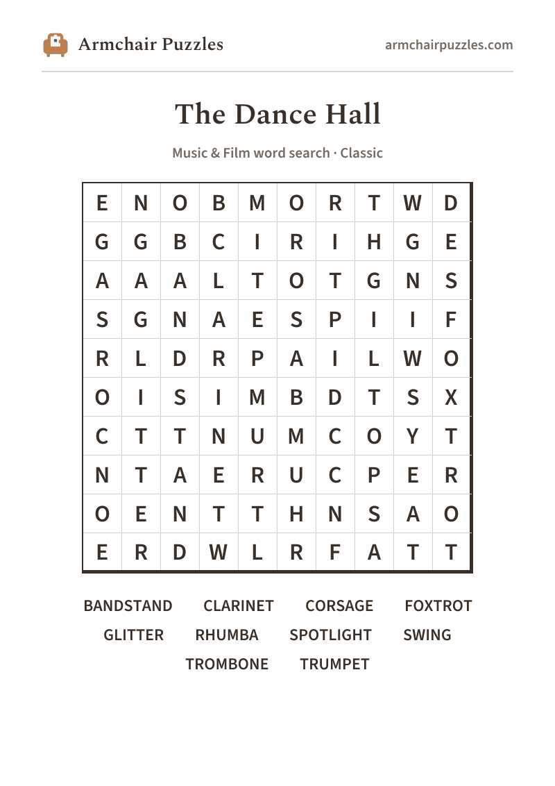The printable The Dance Hall word search sheet