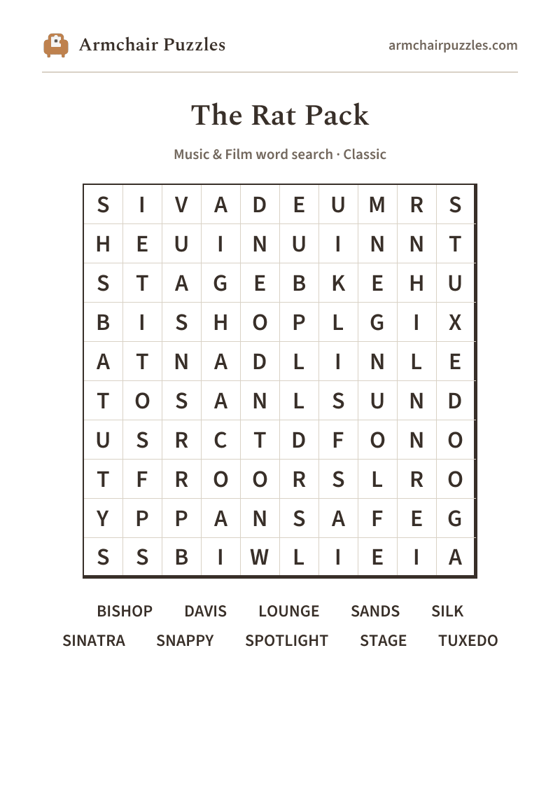 The printable The Rat Pack word search sheet