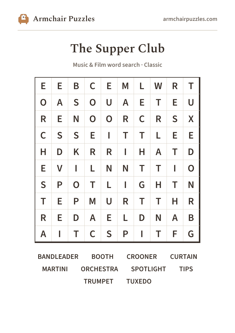 The printable The Supper Club word search sheet in large print