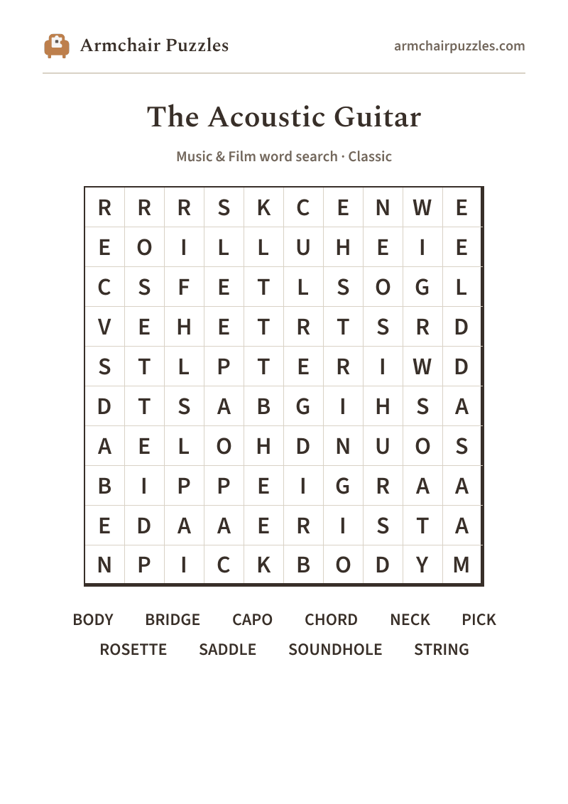 The printable The Acoustic Guitar word search sheet