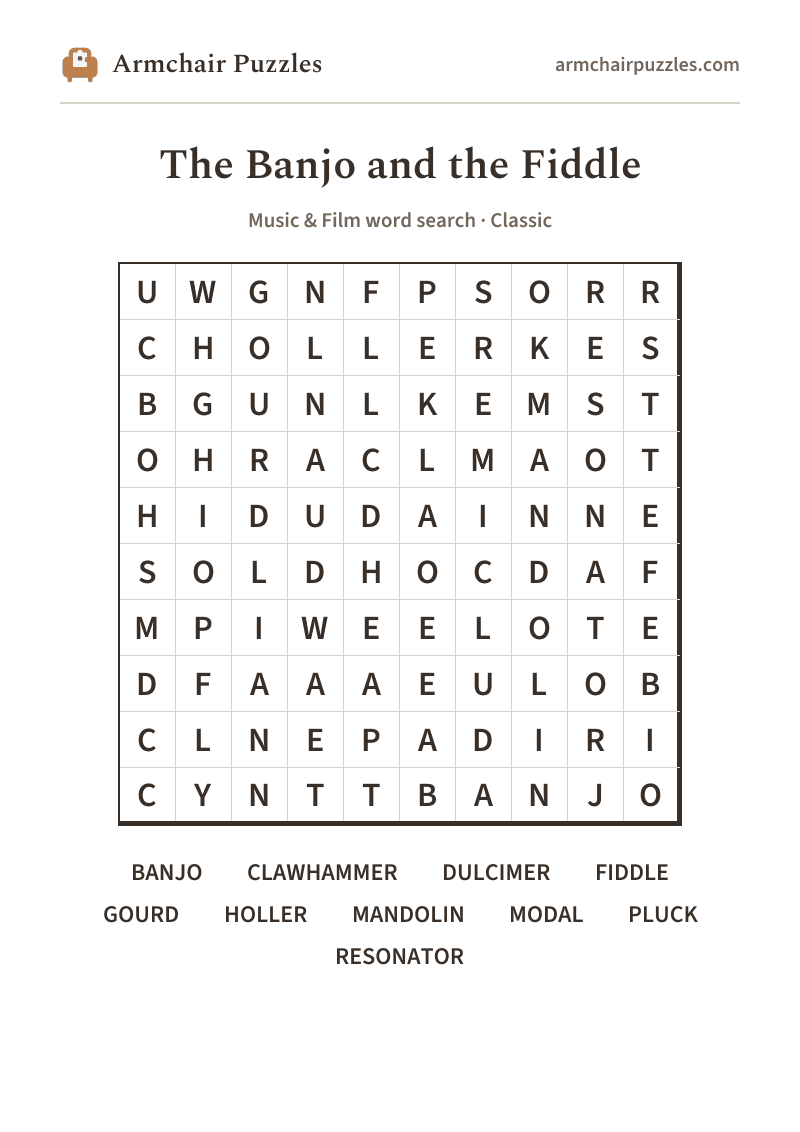 The printable The Banjo and the Fiddle word search sheet: large-print Classic grid with its word list