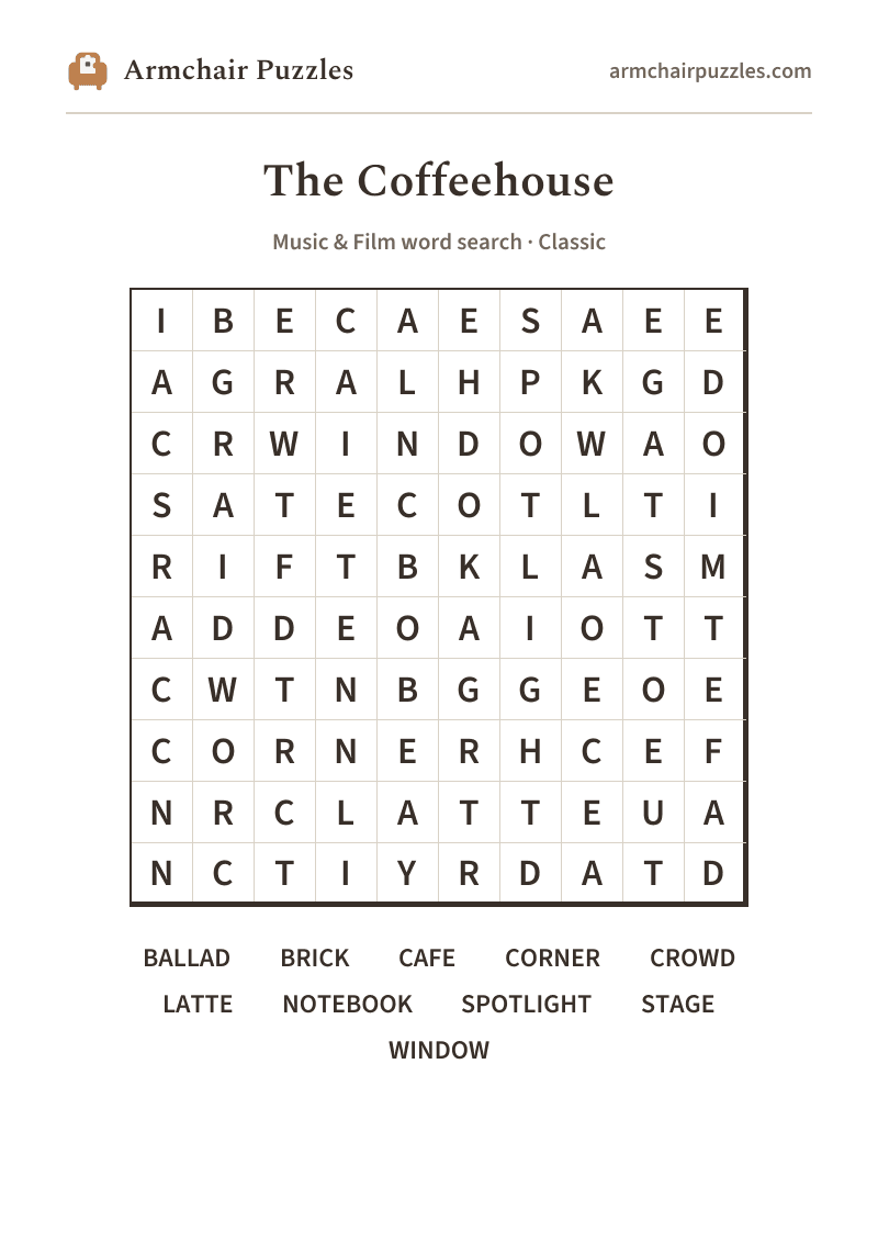 The printable The Coffeehouse word search sheet