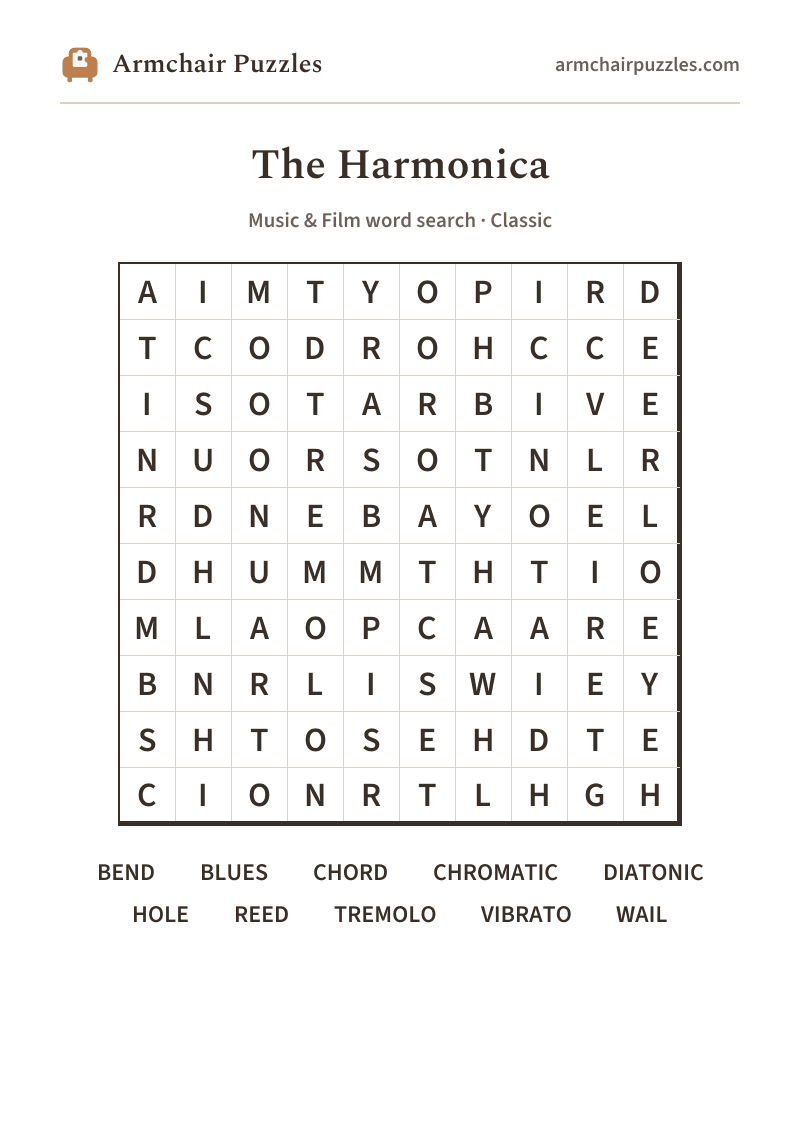 The printable The Harmonica word search sheet: large-print Classic grid with its word list