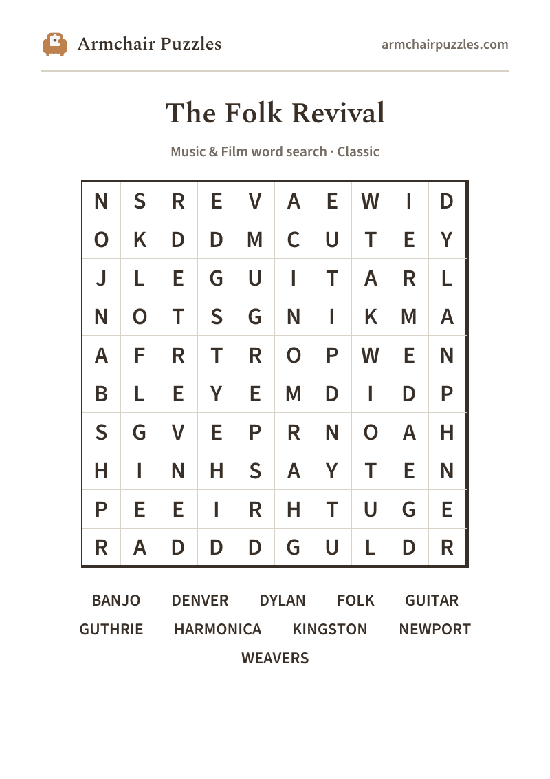 The printable The Hootenanny word search sheet in large print