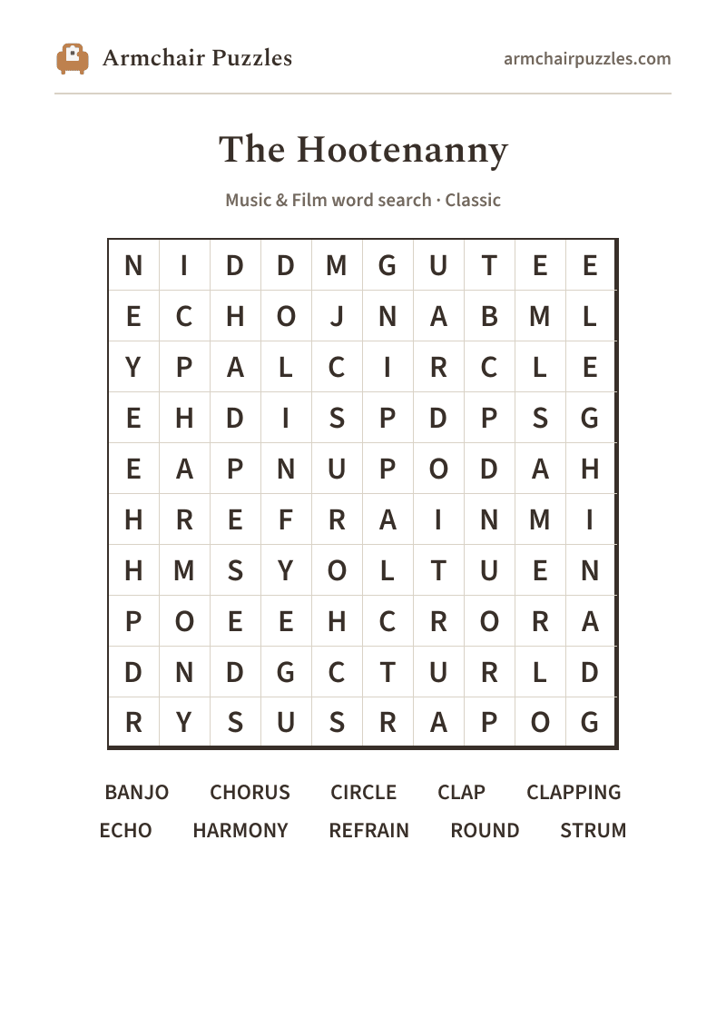 The printable The Hootenanny word search sheet: large-print Classic grid with its word list