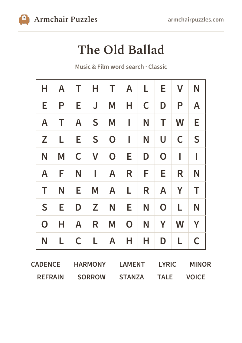 The printable The Old Ballad word search sheet: large-print Classic grid with its word list