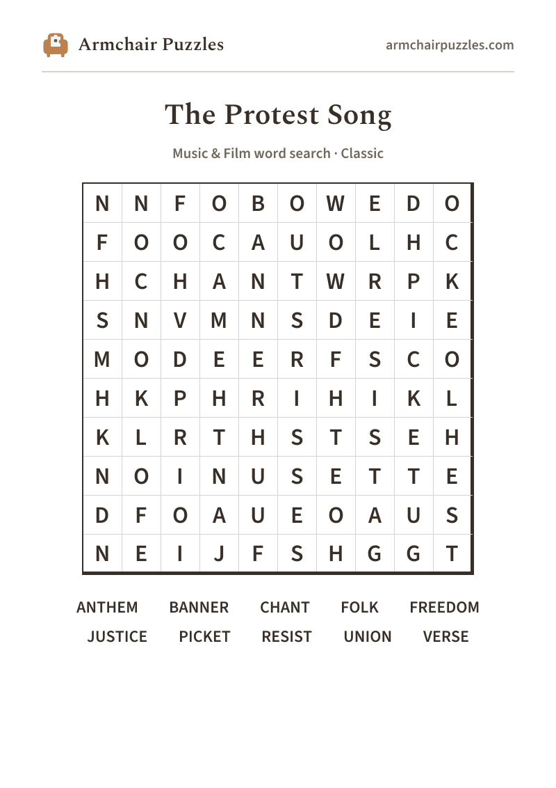 The printable The Protest Song word search sheet