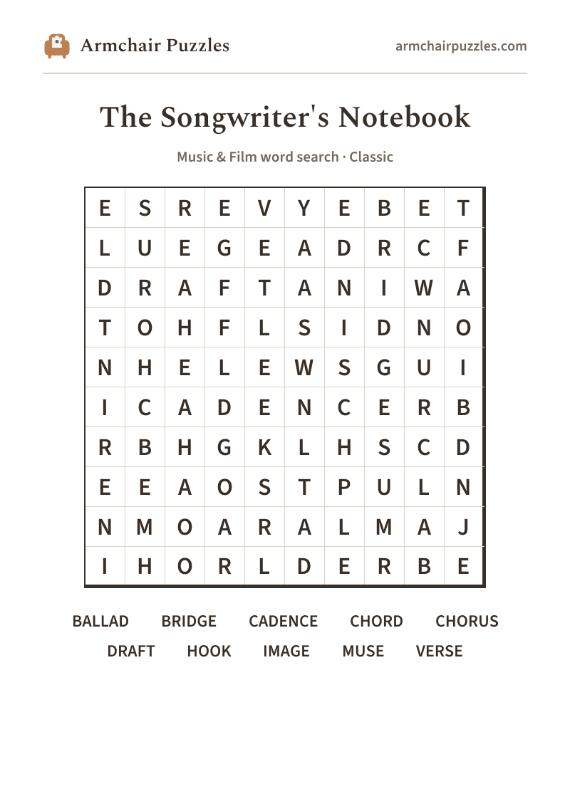 The printable The Songwriter's Notebook word search sheet: large-print Classic grid with its word list