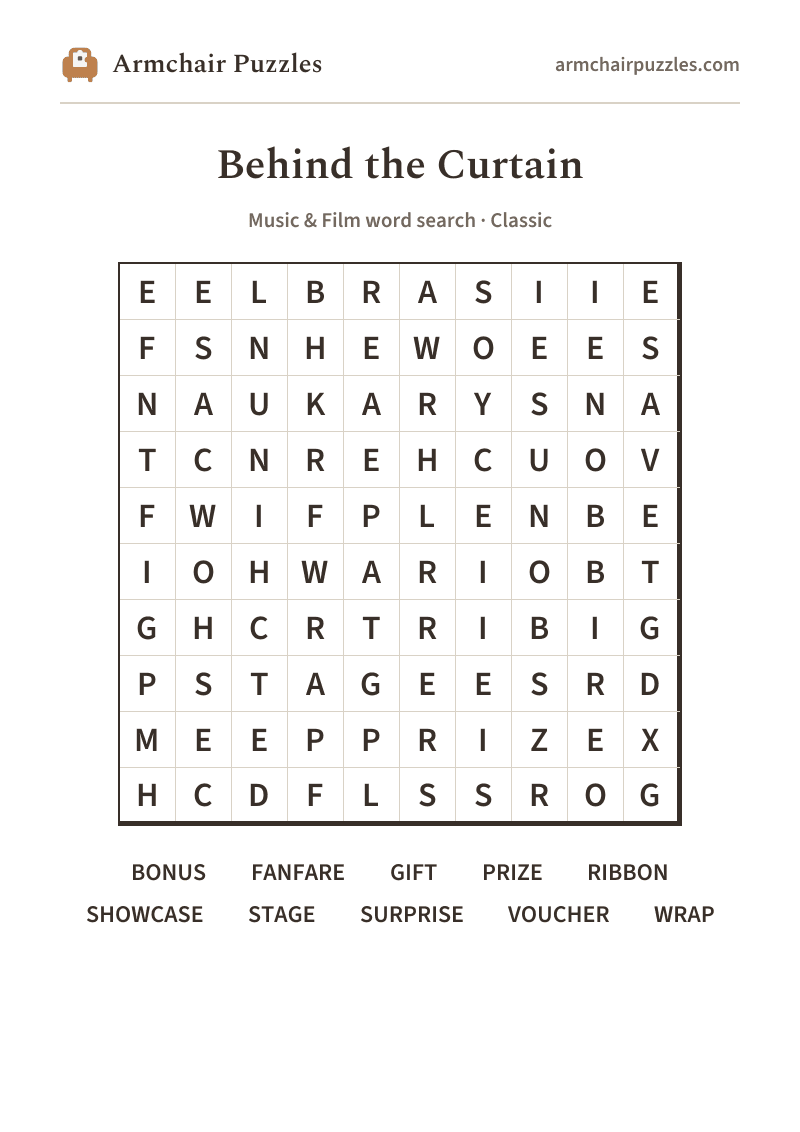 The printable Behind the Curtain word search sheet: large-print Classic grid with its word list
