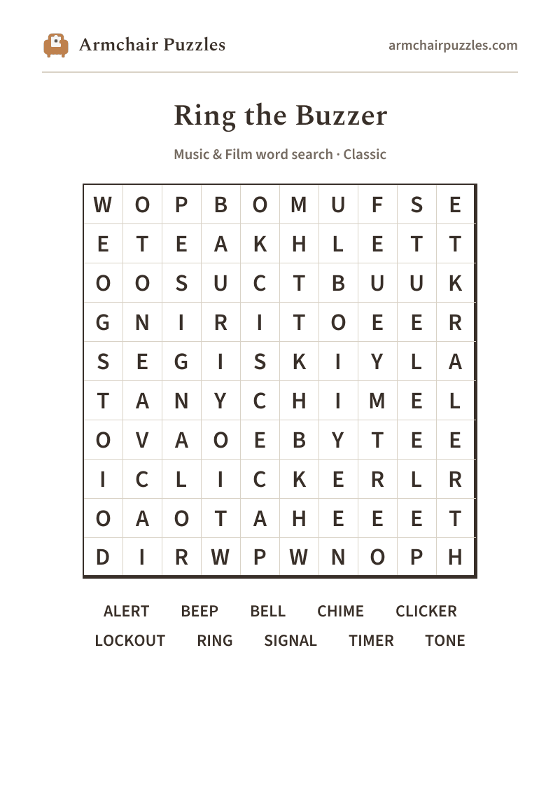 The printable Ring the Buzzer word search sheet: large-print Classic grid with its word list