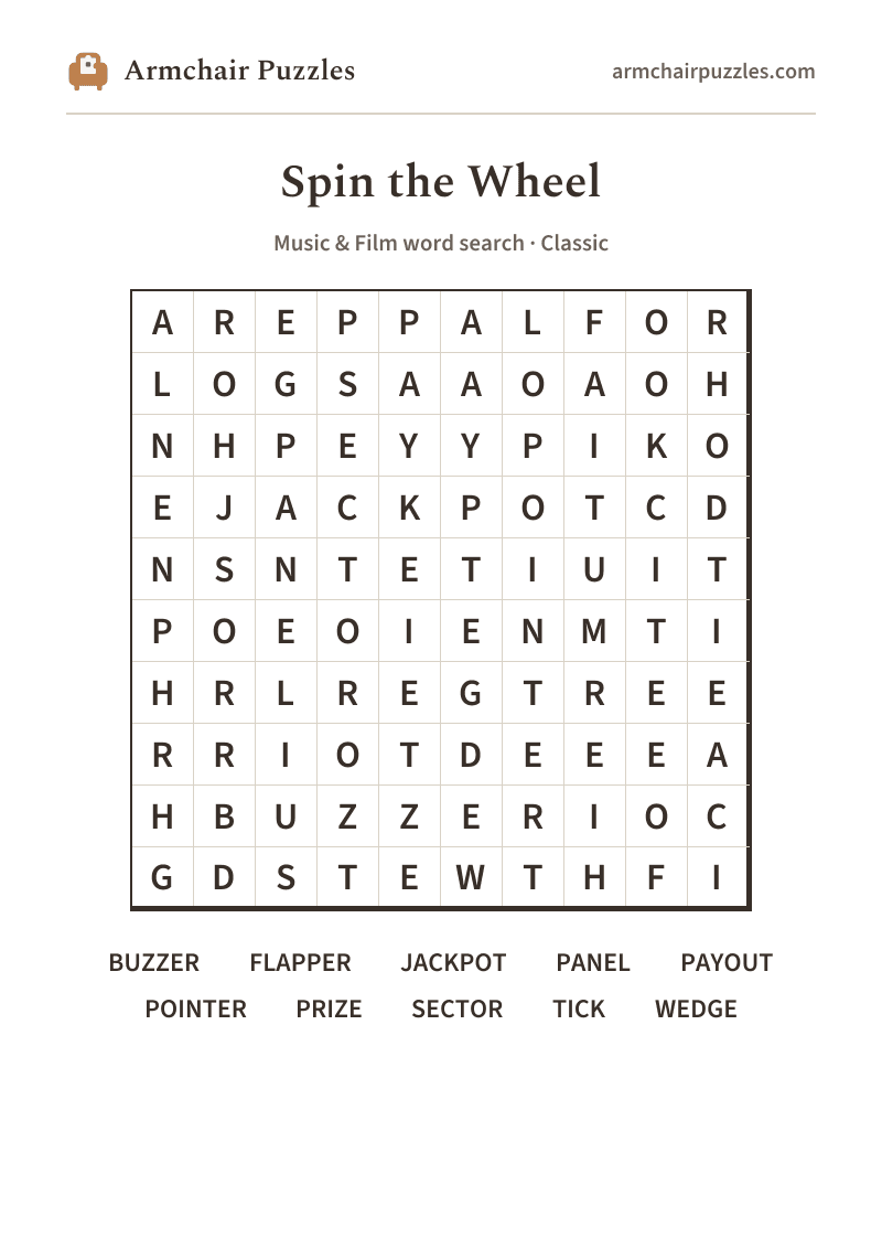 The printable Spin the Wheel word search sheet: large-print Classic grid with its word list