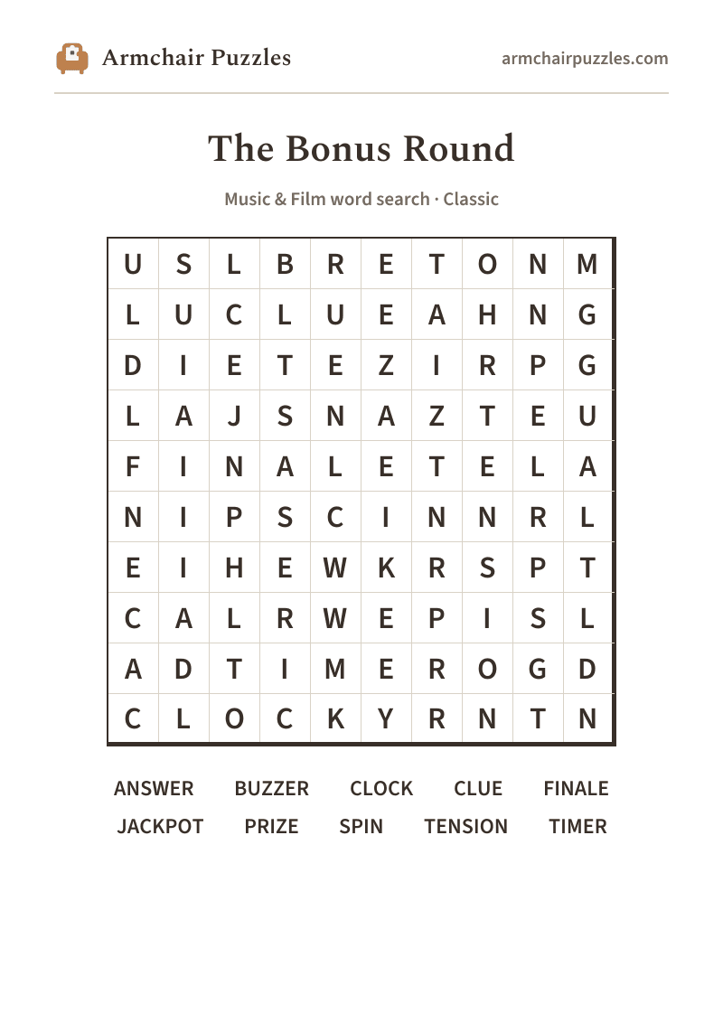 The printable The Bonus Round word search sheet in large print