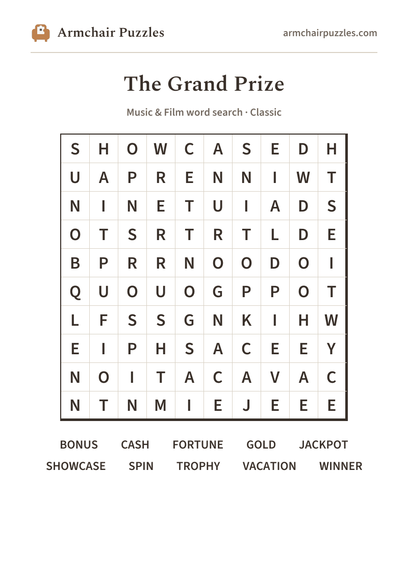 The printable The Grand Prize word search sheet: large-print Classic grid with its word list