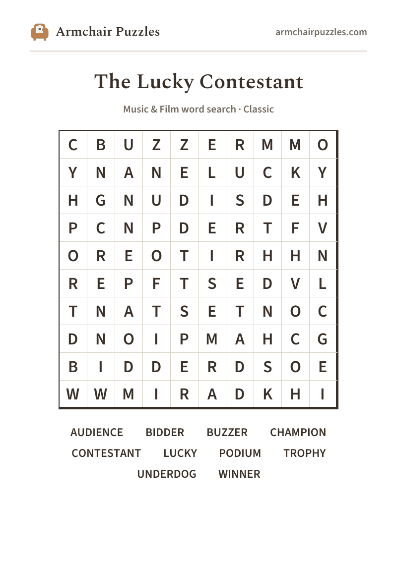 The printable The Lucky Contestant word search sheet in large print