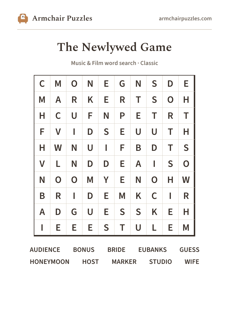 The printable The Lucky Contestant word search sheet: large-print Classic grid with its word list