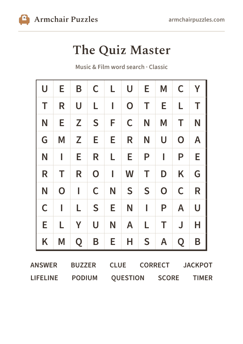 The printable The Quiz Master word search sheet in large print