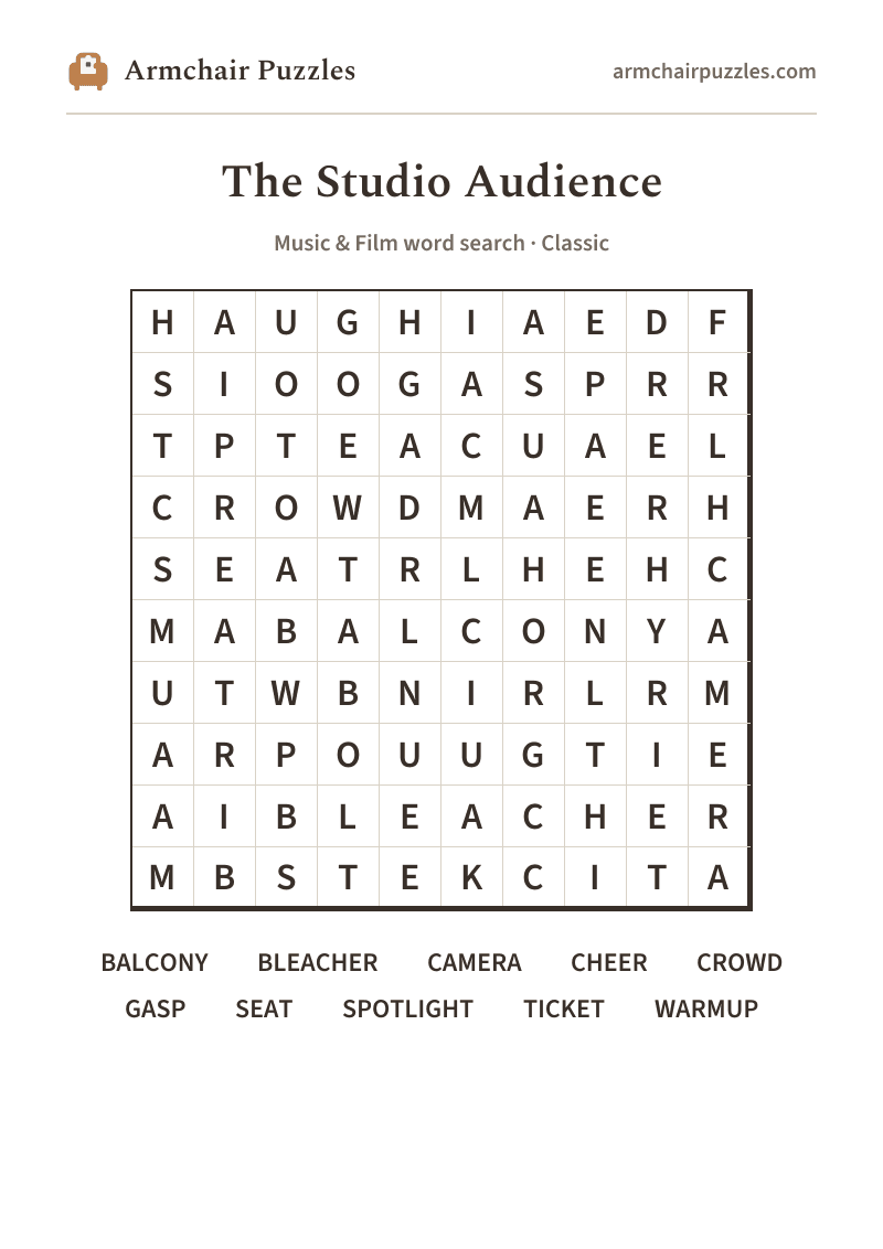 The printable The Studio Audience word search sheet: large-print Classic grid with its word list