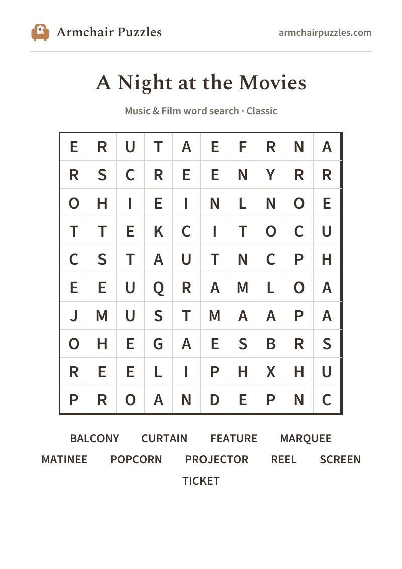The printable A Night at the Movies word search sheet