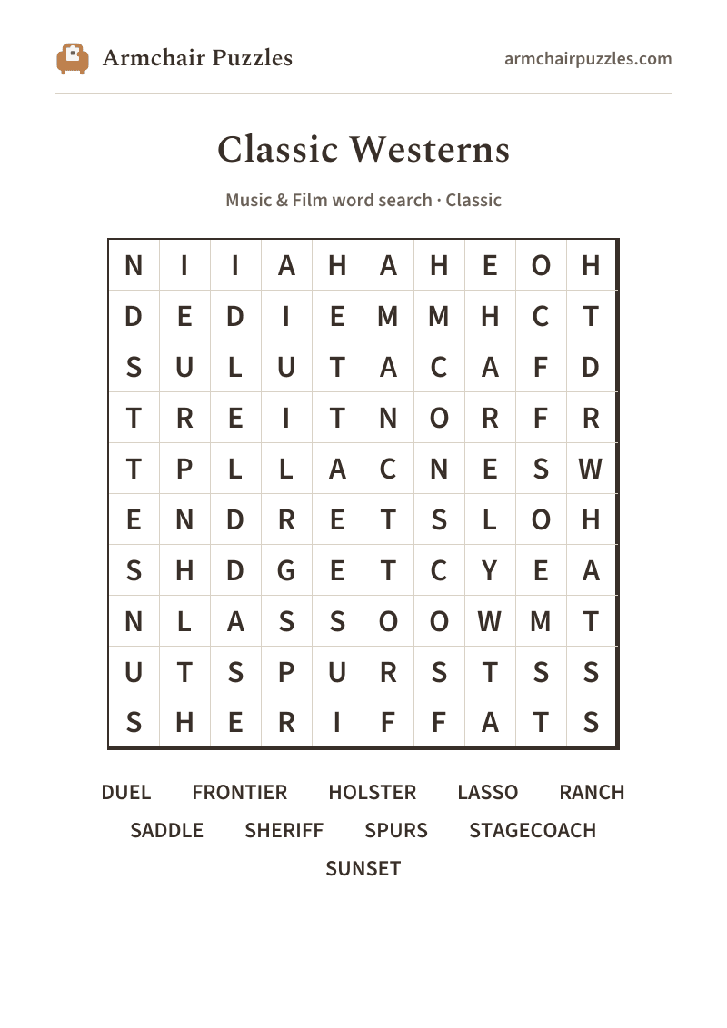 The printable Classic Westerns word search sheet