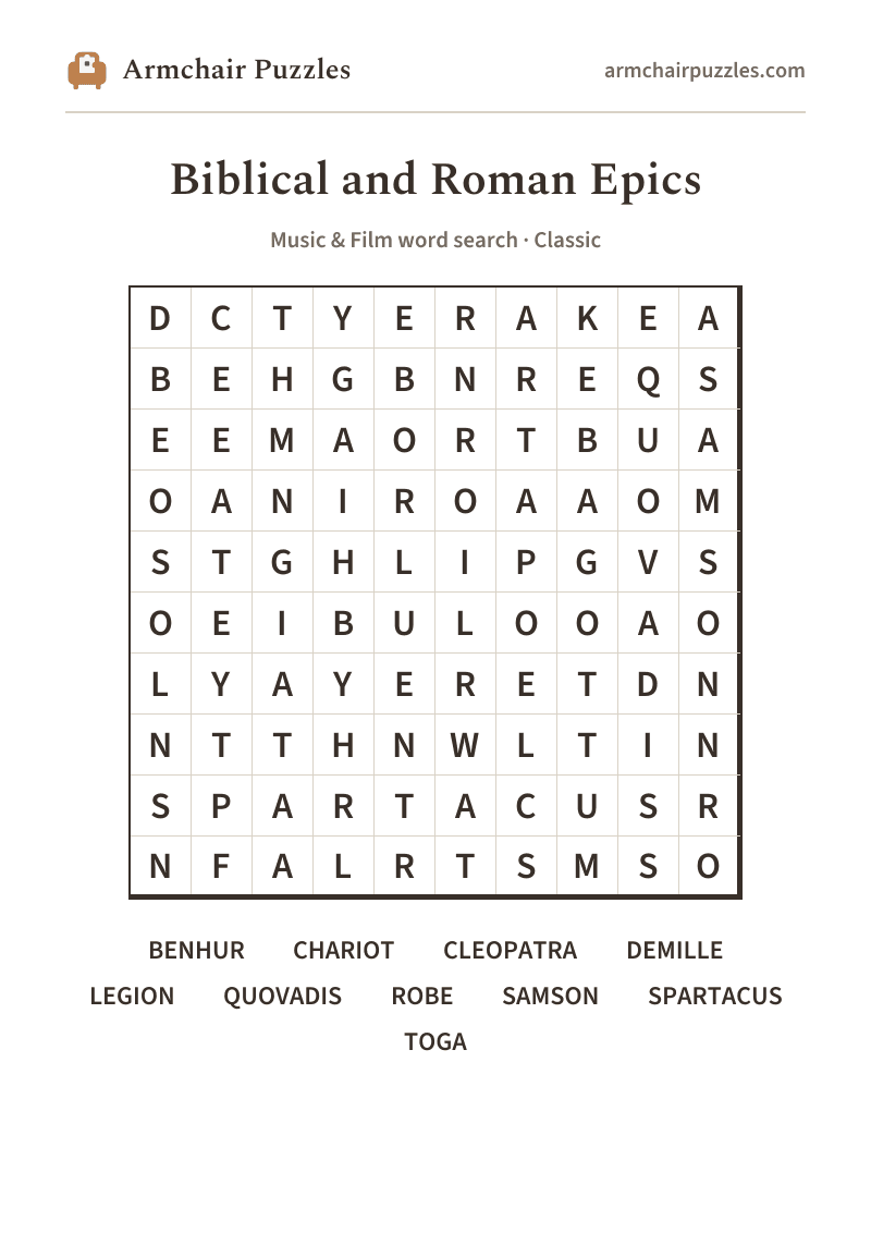 The printable Biblical and Roman Epics word search sheet: large-print Classic grid with its word list