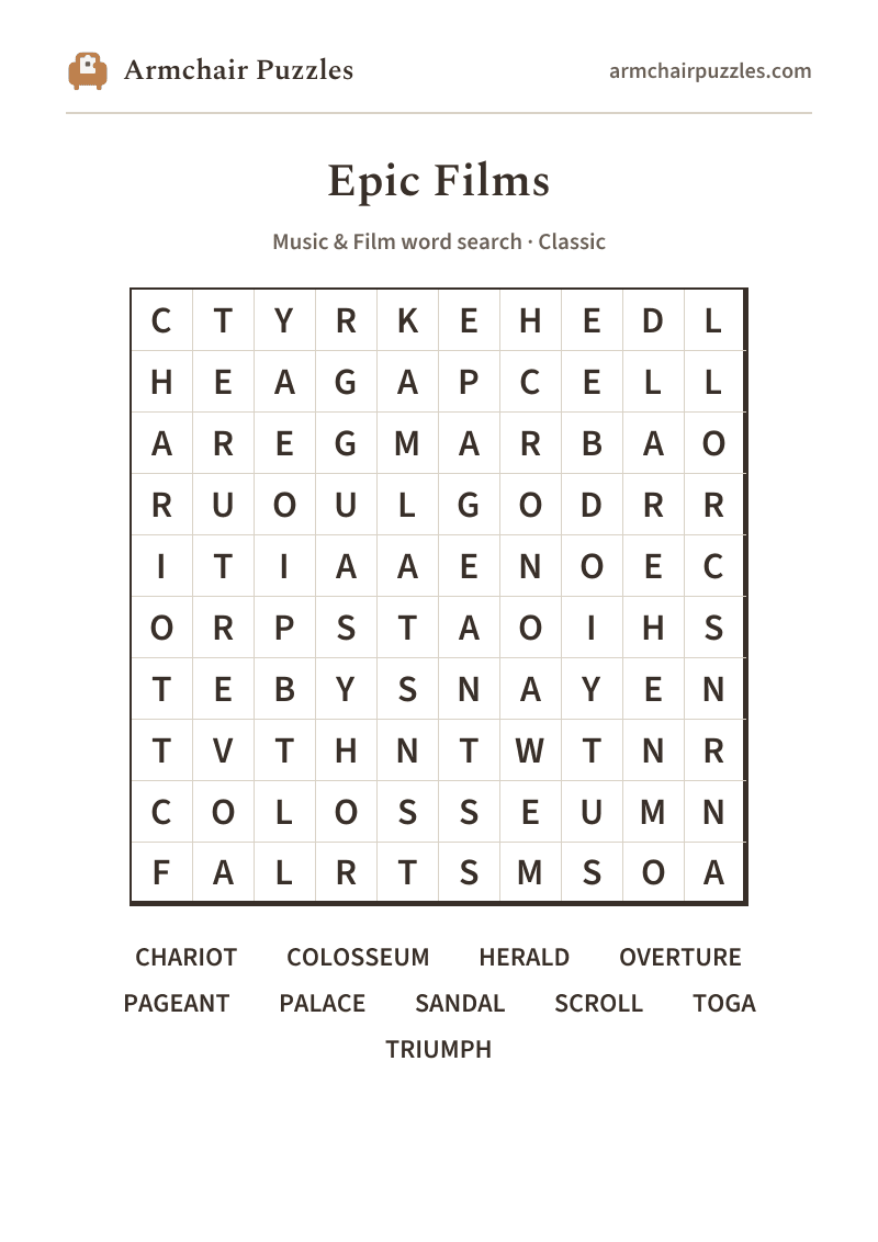 The printable Epic Films word search sheet in large print