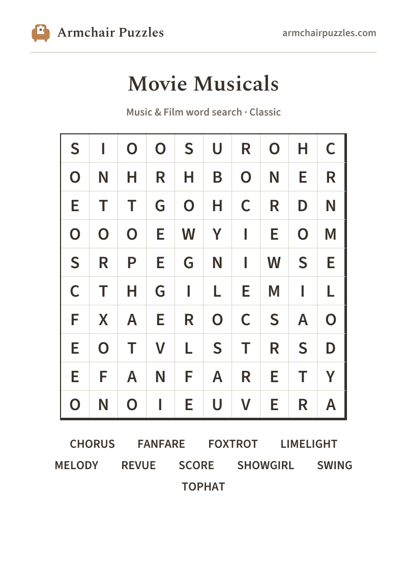 The printable Movie Musicals word search sheet