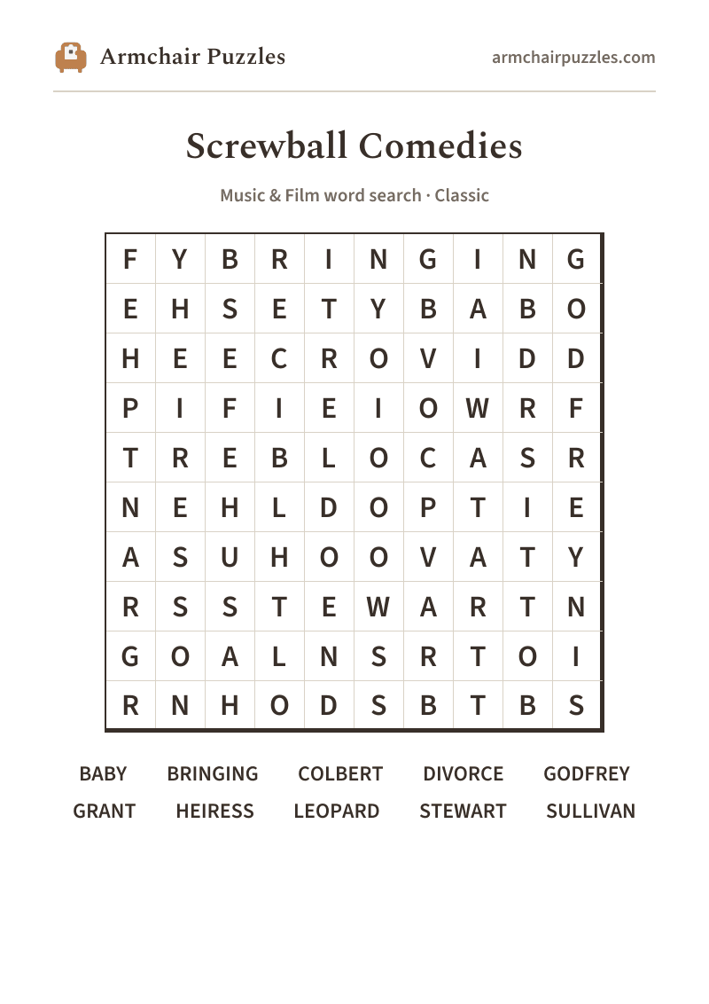 The printable Screwball Comedies word search sheet: large-print Classic grid with its word list