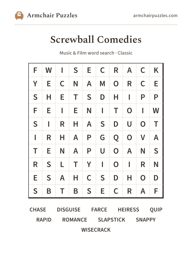 The printable Screwball Comedies word search sheet