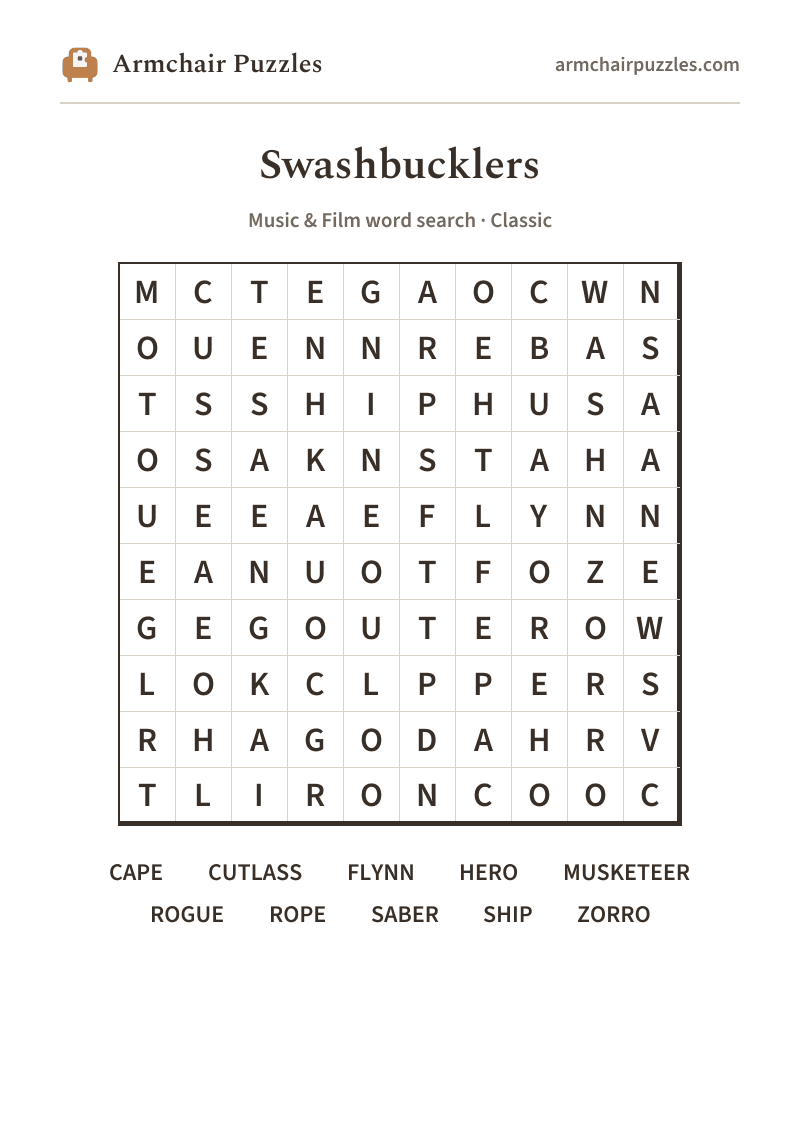 The printable Swashbucklers word search sheet in large print