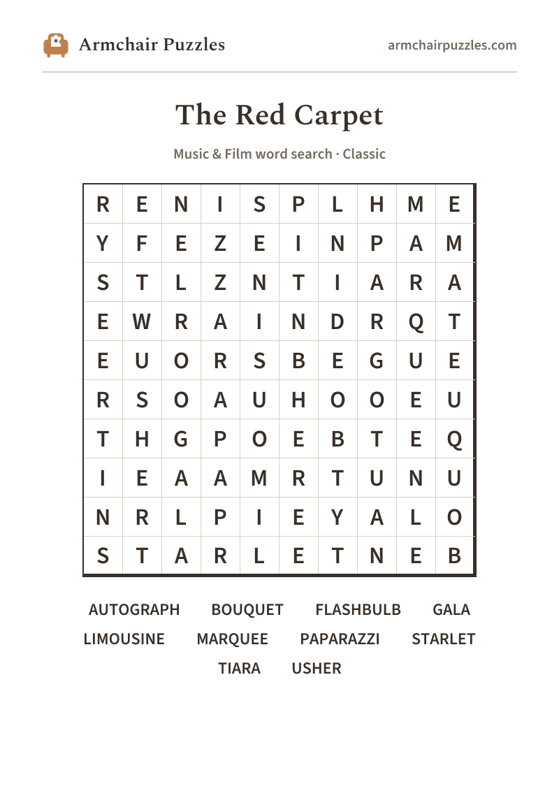 The printable The Red Carpet word search sheet