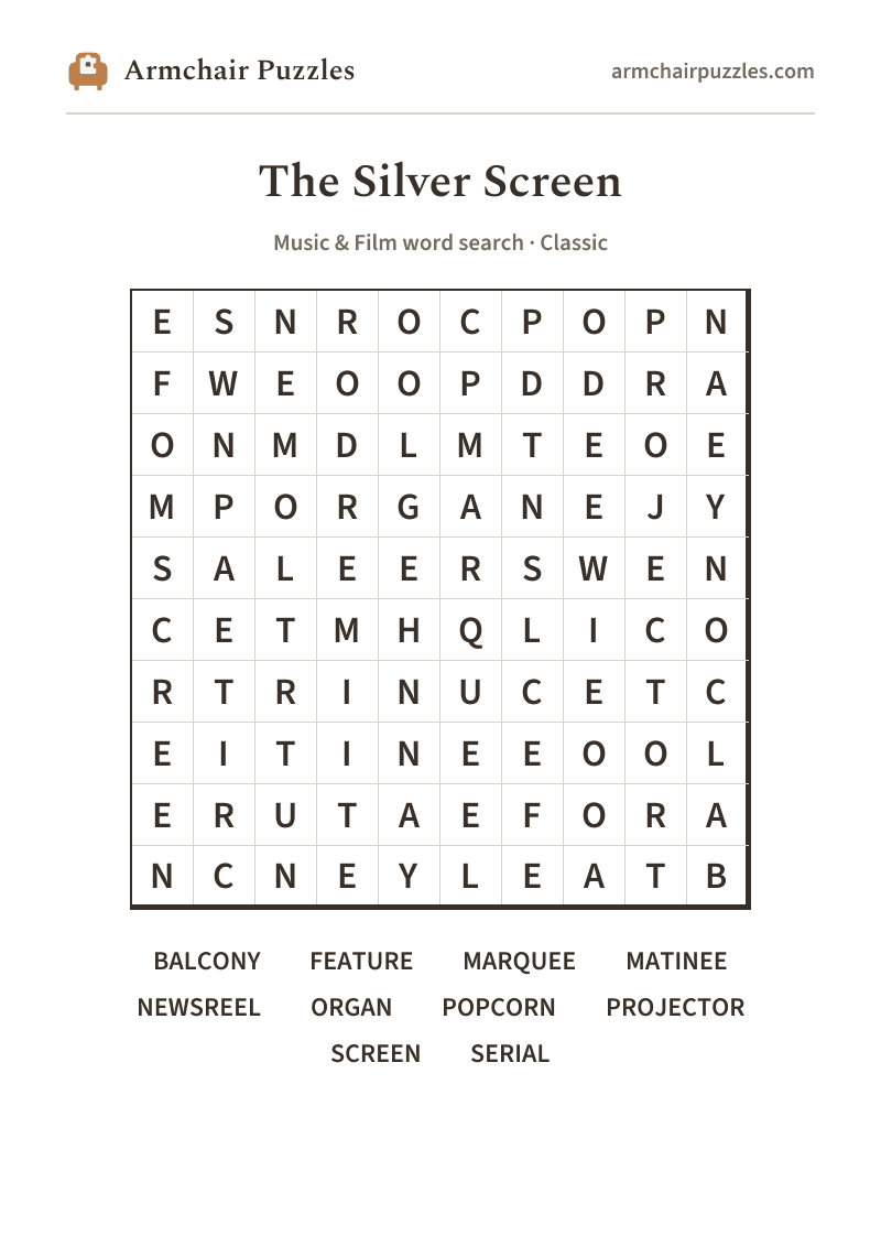 The printable The Silver Screen word search sheet