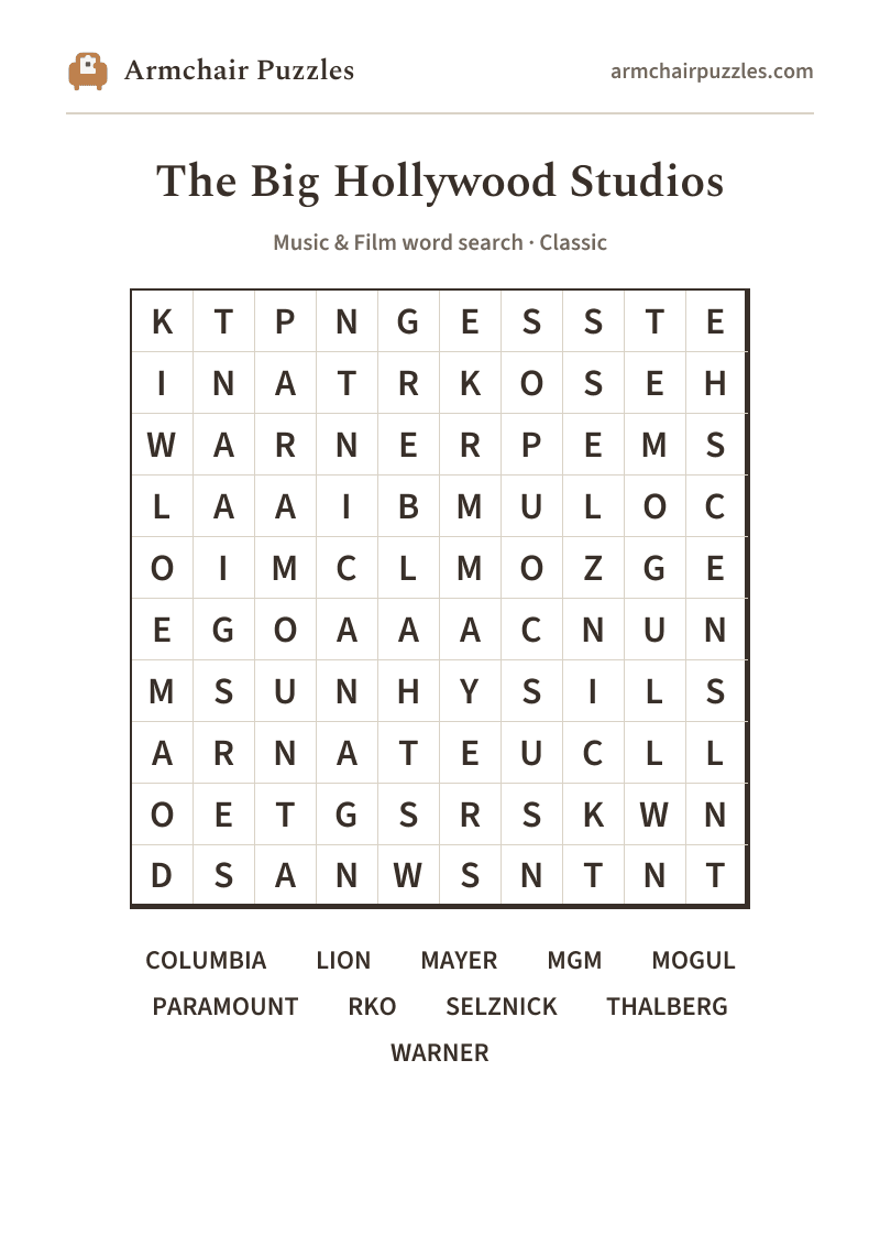 The printable The Big Hollywood Studios word search sheet in large print