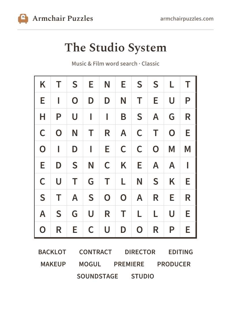 The printable The Studio System word search sheet: large-print Classic grid with its word list