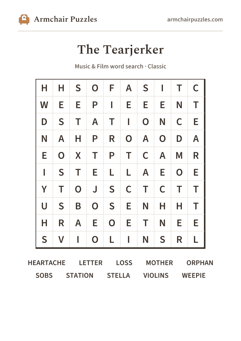 The printable The Tearjerker word search sheet in large print