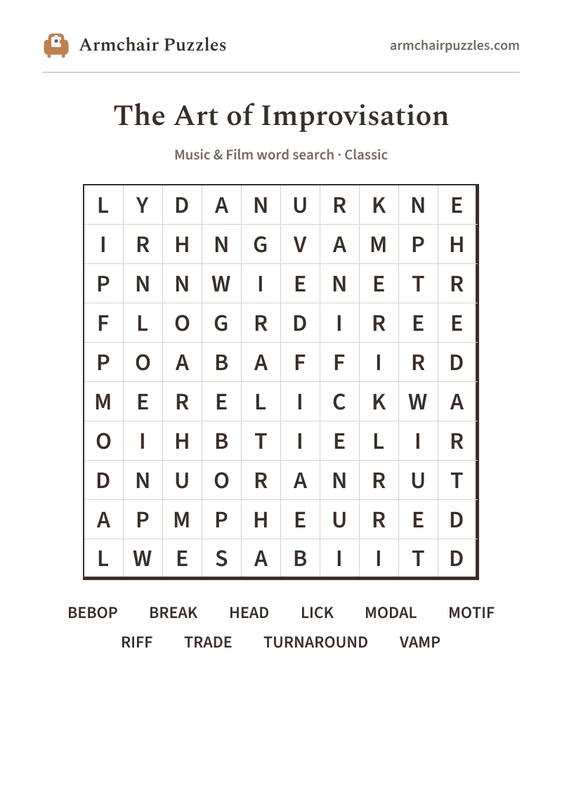The printable The Art of Improvisation word search sheet