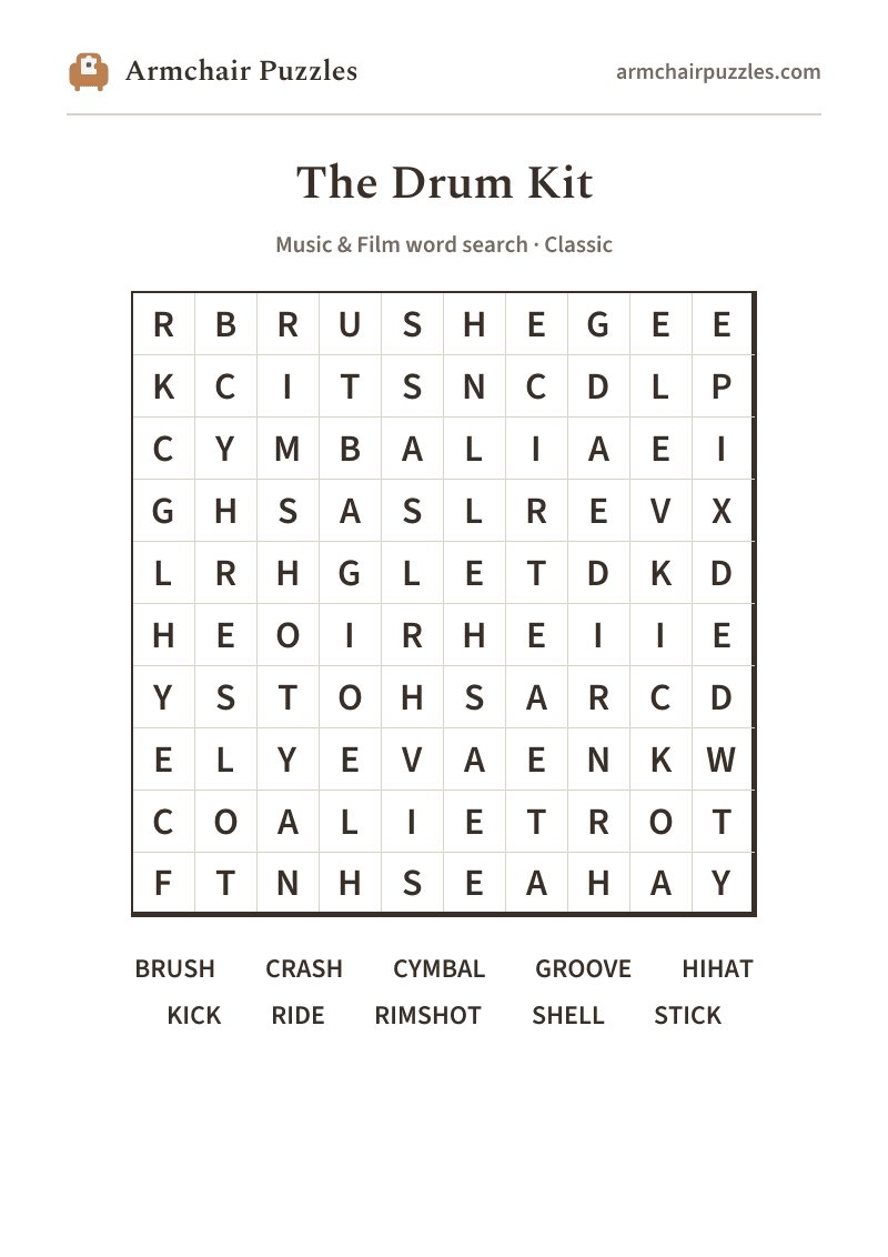The printable The Drum Kit word search sheet: large-print Classic grid with its word list